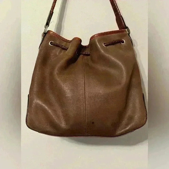 Vintage Fossil Brown Hobo Leather Bucket Shoulder Woven Handle Drawstring Bag - Picture 3 of 16